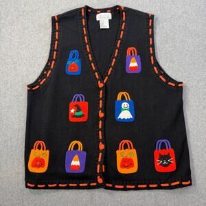 Vintage Halloween Sweater Vest Mandal Bay Women's Large Black Trick or Treat